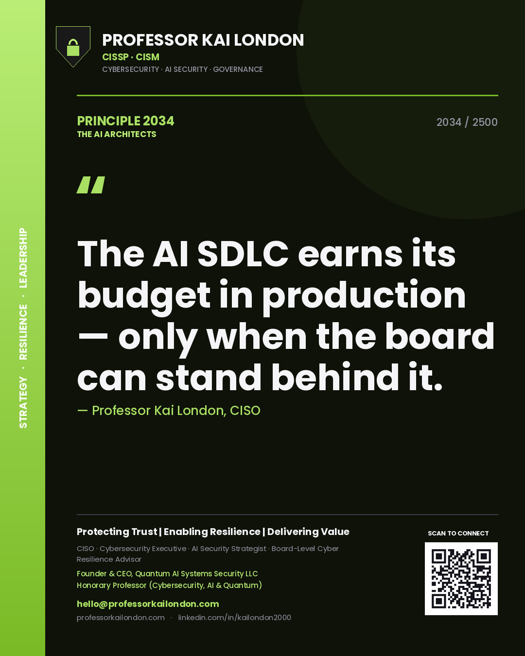 Quote card by Professor Kai London reading 'The AI SDLC earns its budget in production — only when the board can stand behind it.'. From the book The AI Architects.