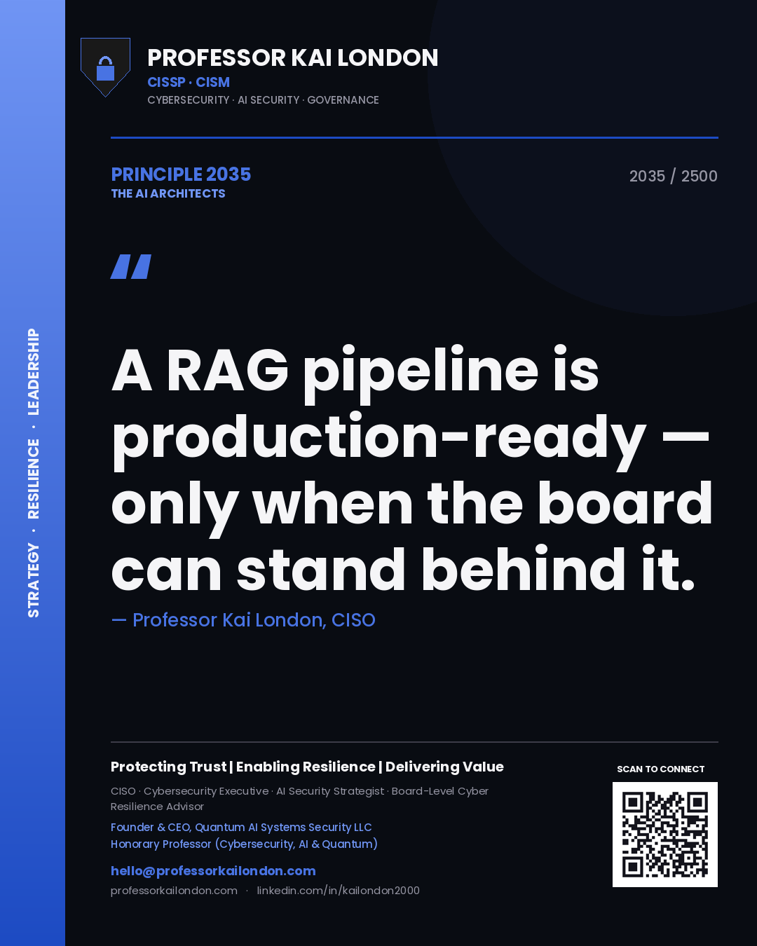 Quote card by Professor Kai London reading 'A RAG pipeline is production-ready — only when the board can stand behind it.'. From the book The AI Architects.