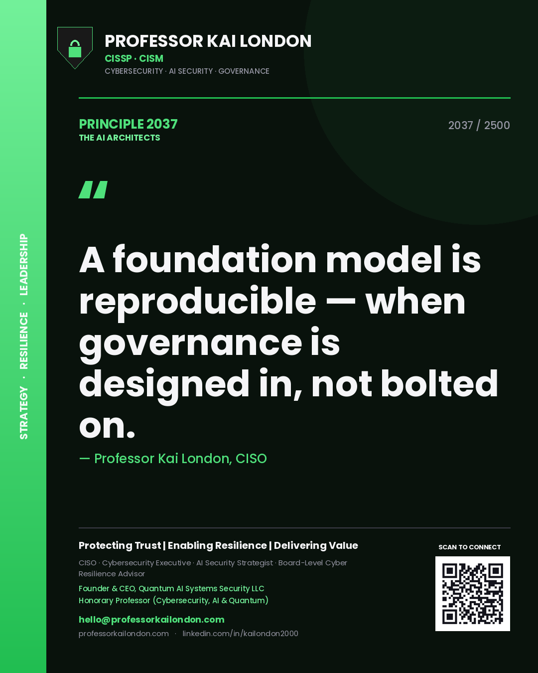 Quote card by Professor Kai London reading 'A foundation model is reproducible — when governance is designed in, not bolted on.'. From the book The AI Architects.