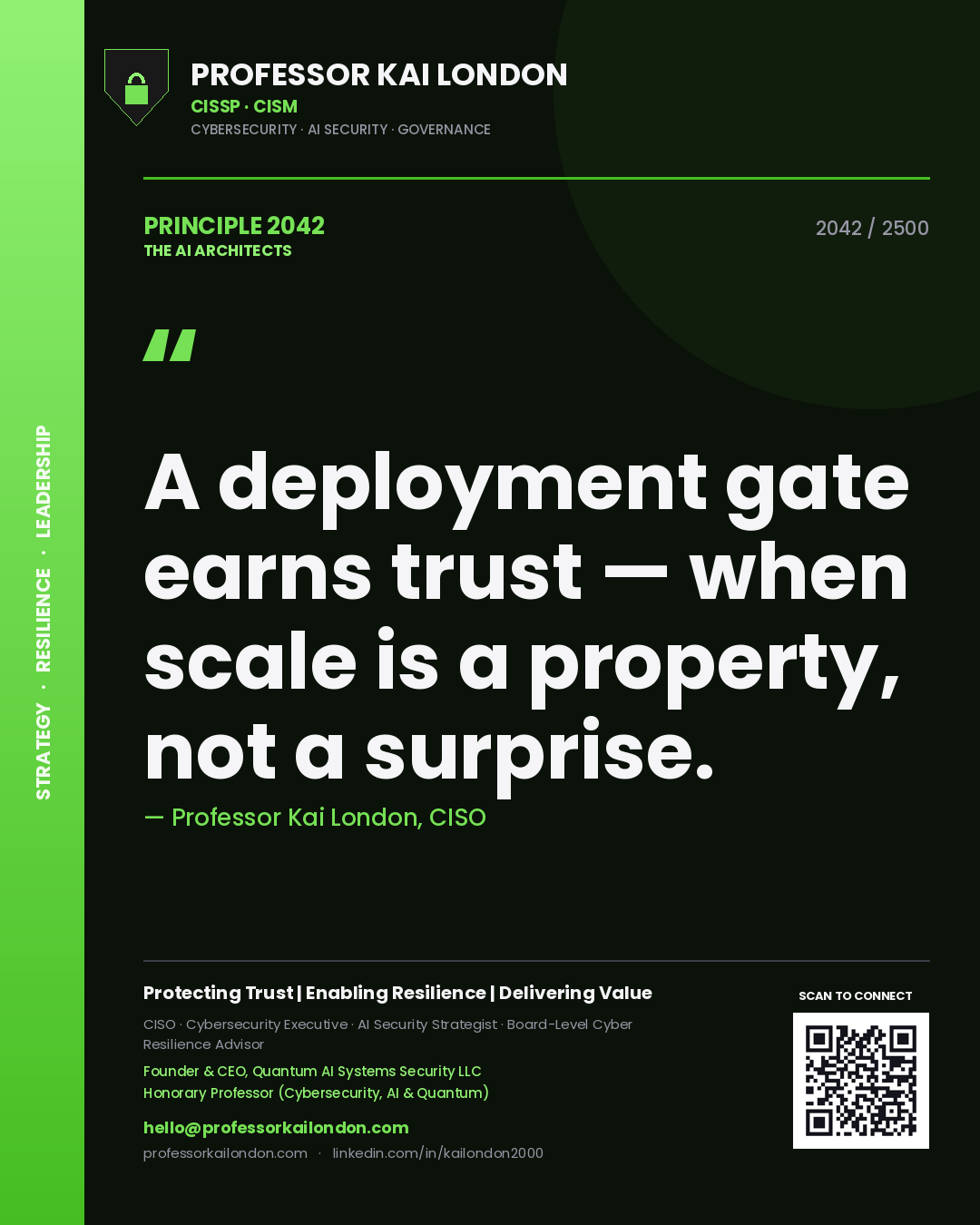 Quote card by Professor Kai London reading 'A deployment gate earns trust — when scale is a property, not a surprise.'. From the book The AI Architects.