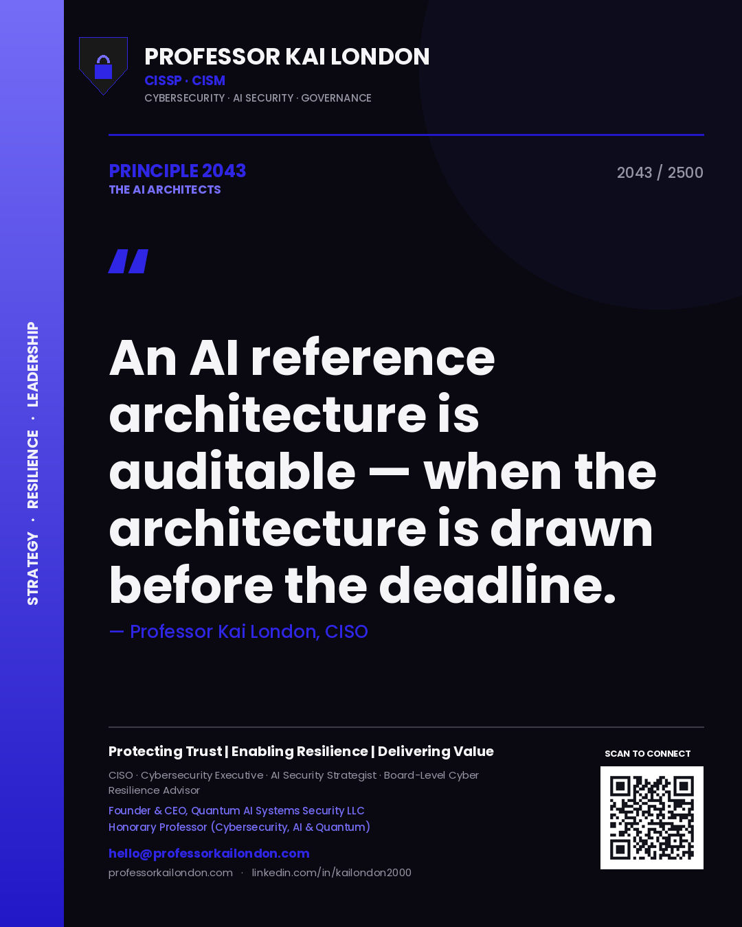 Quote card by Professor Kai London reading 'An AI reference architecture is auditable — when the architecture is drawn before the deadline.'. From the book The AI Architects.