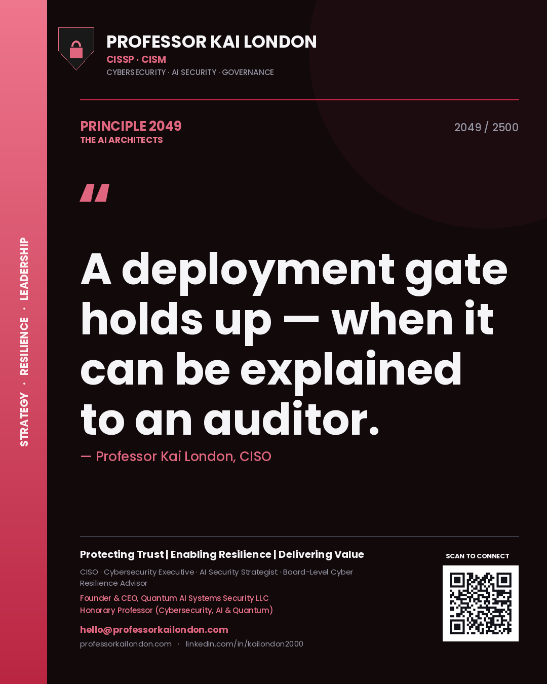 Quote card by Professor Kai London reading 'A deployment gate holds up — when it can be explained to an auditor.'. From the book The AI Architects.