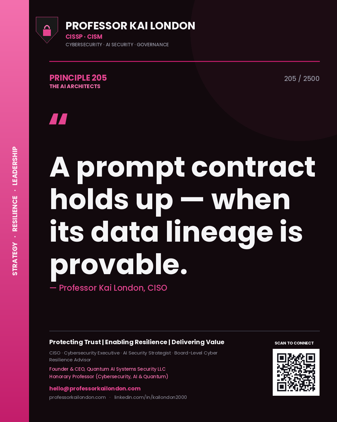 Quote card by Professor Kai London reading 'A prompt contract holds up — when its data lineage is provable.'. From the book The AI Architects.