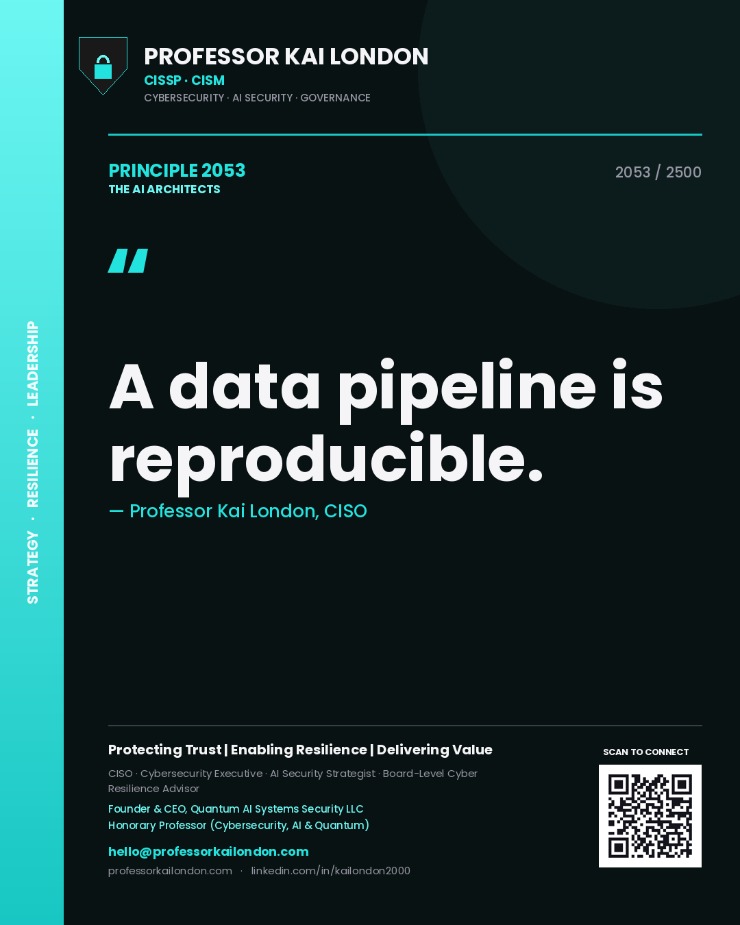Quote card by Professor Kai London reading 'A data pipeline is reproducible.'. From the book The AI Architects.