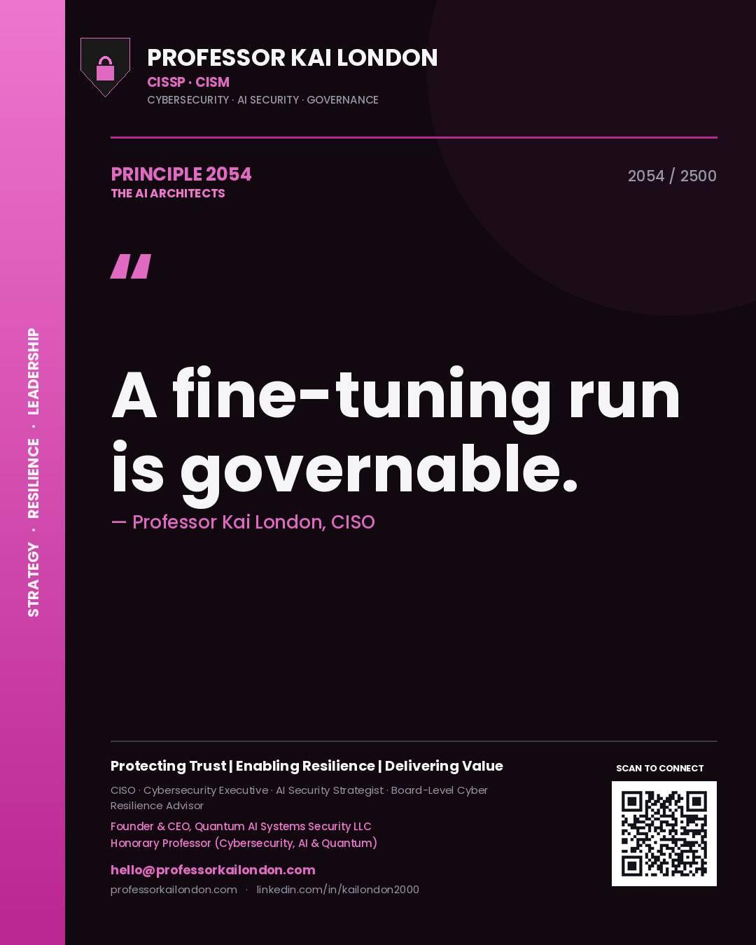 Quote card by Professor Kai London reading 'A fine-tuning run is governable.'. From the book The AI Architects.