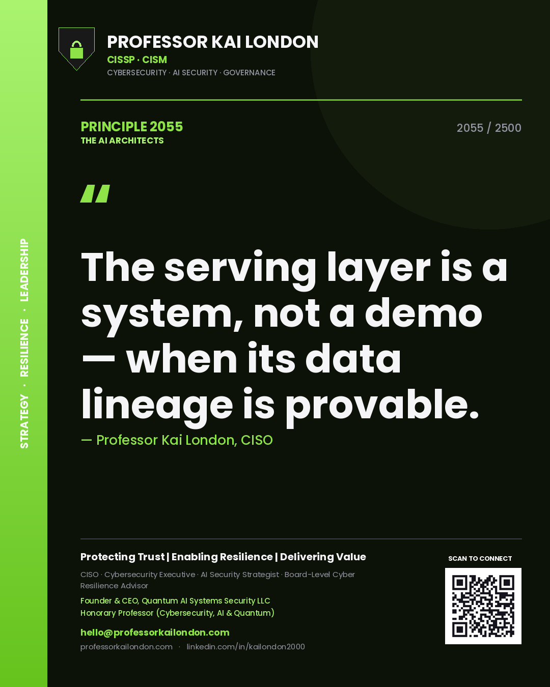 Quote card by Professor Kai London reading 'The serving layer is a system, not a demo — when its data lineage is provable.'. From the book The AI Architects.