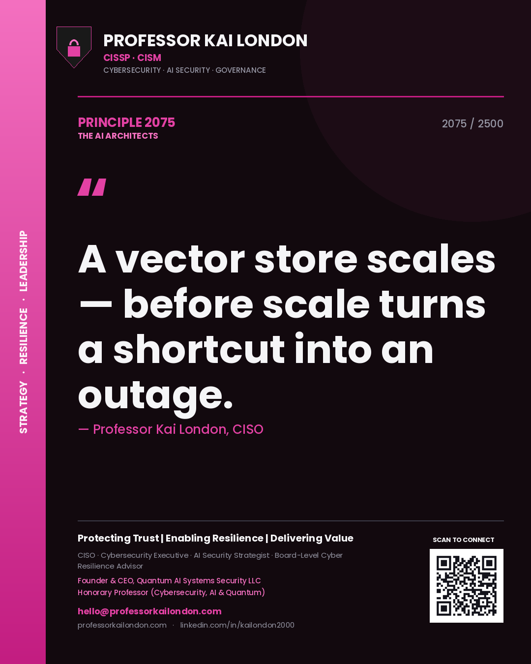 Quote card by Professor Kai London reading 'A vector store scales — before scale turns a shortcut into an outage.'. From the book The AI Architects.