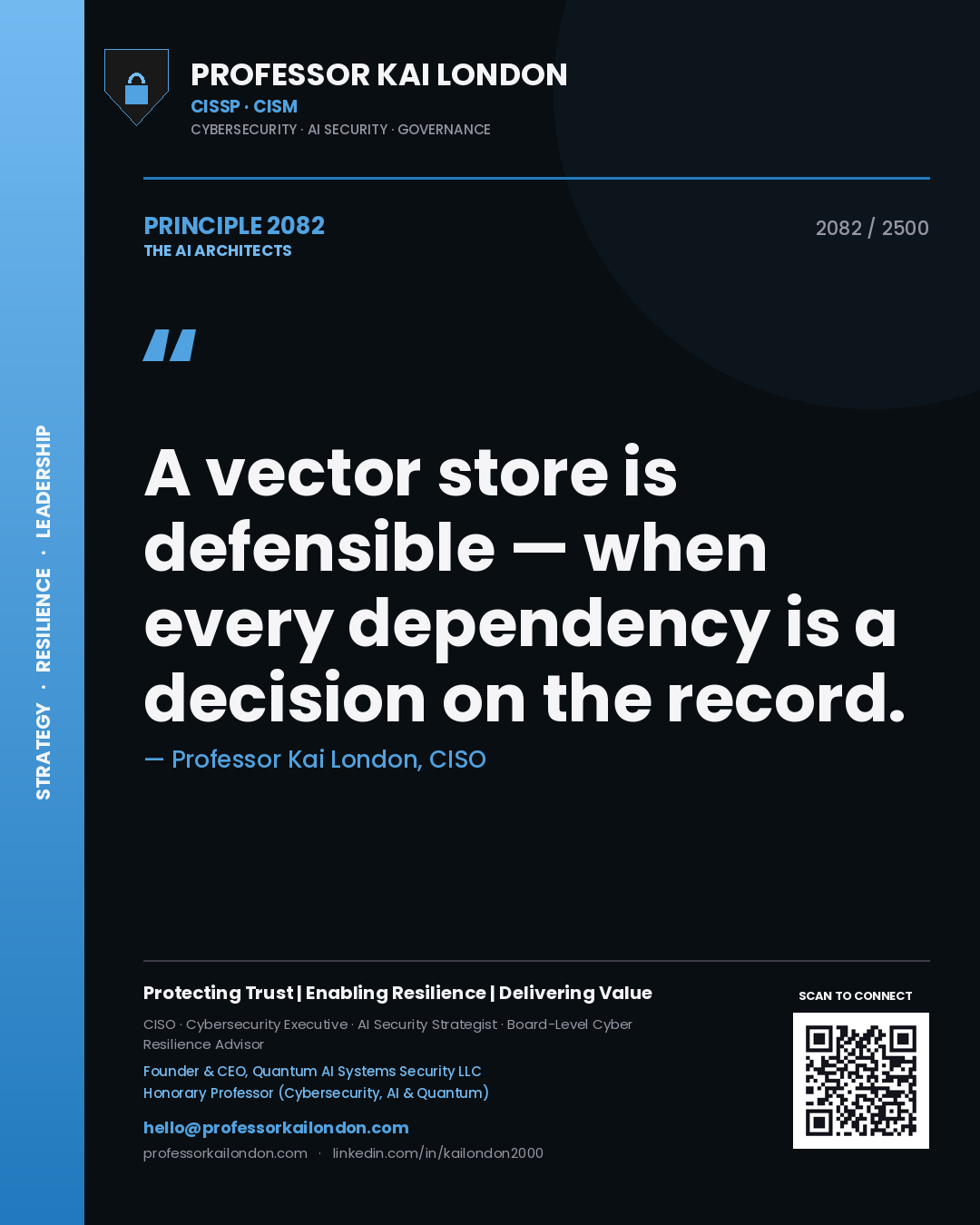 Quote card by Professor Kai London reading 'A vector store is defensible — when every dependency is a decision on the record.'. From the book The AI Architects.