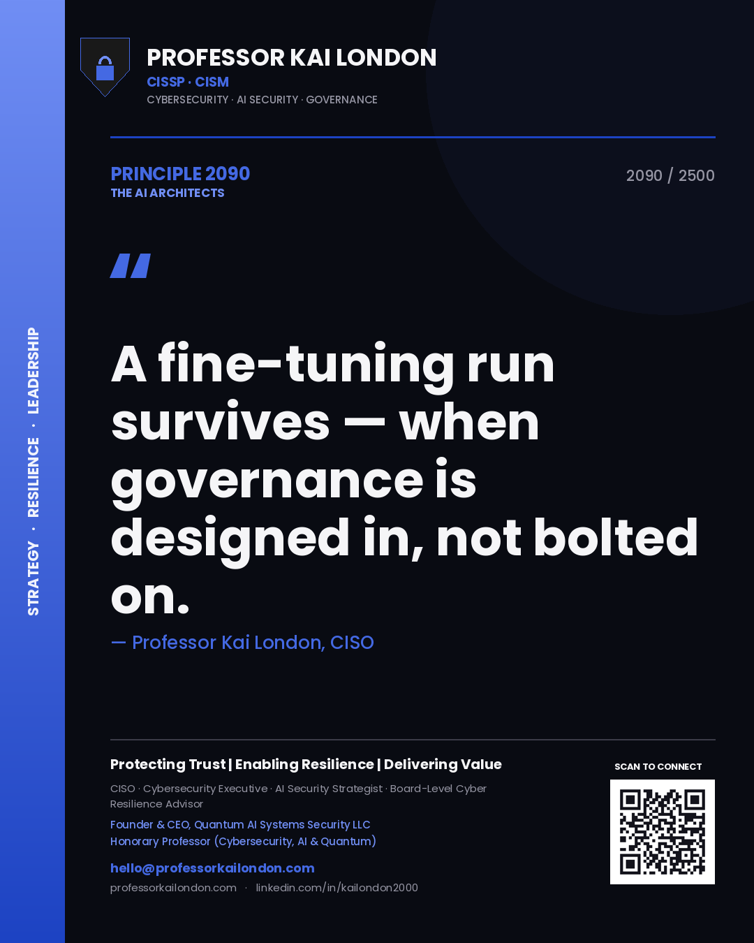 Quote card by Professor Kai London reading 'A fine-tuning run survives — when governance is designed in, not bolted on.'. From the book The AI Architects.