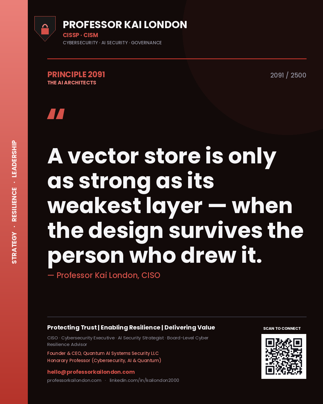Quote card by Professor Kai London reading 'A vector store is only as strong as its weakest layer — when the design survives the person who drew it.'. From the book The AI Architects.
