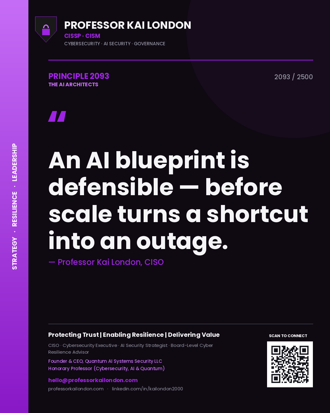 Quote card by Professor Kai London reading 'An AI blueprint is defensible — before scale turns a shortcut into an outage.'. From the book The AI Architects.