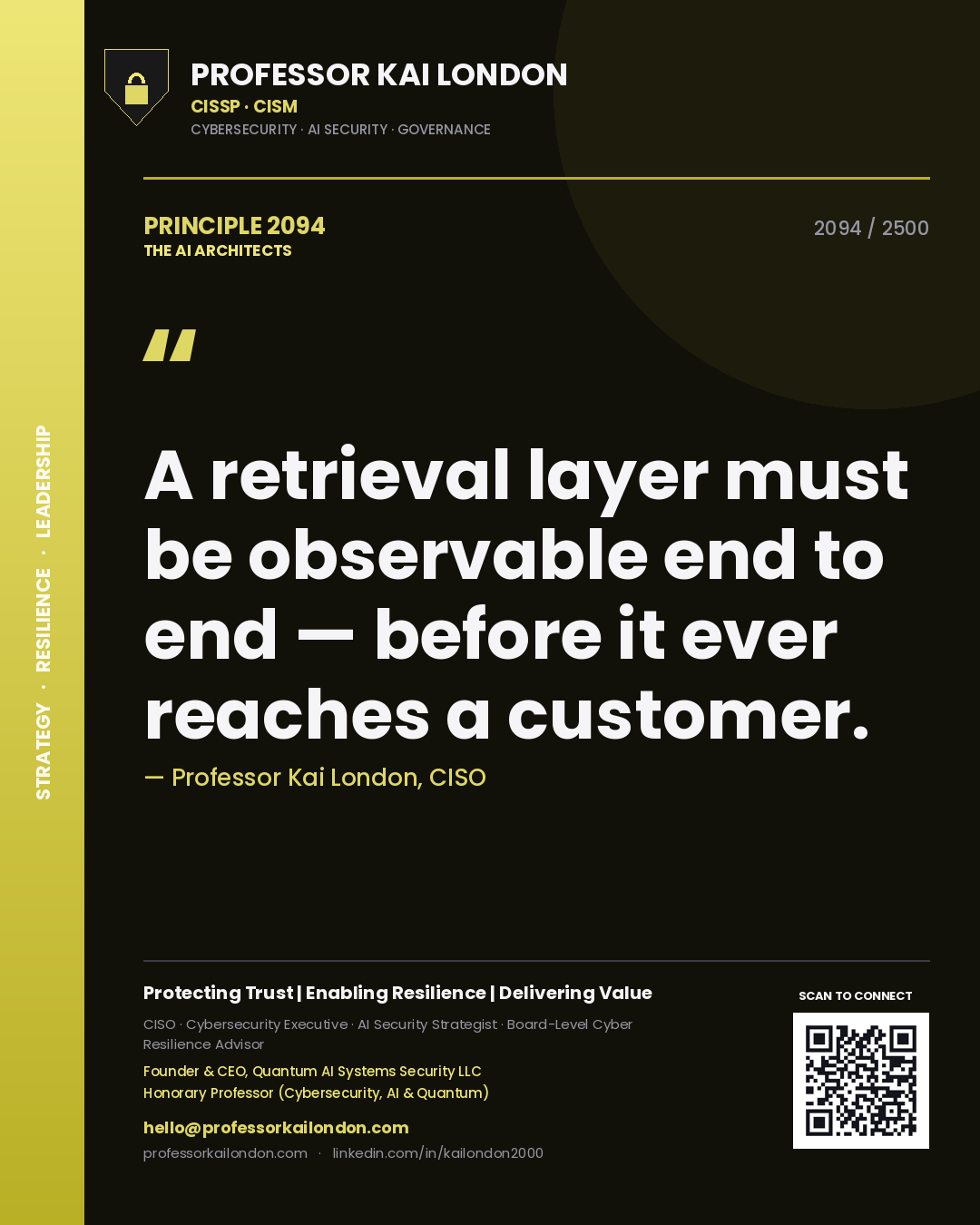 Quote card by Professor Kai London reading 'A retrieval layer must be observable end to end — before it ever reaches a customer.'. From the book The AI Architects.