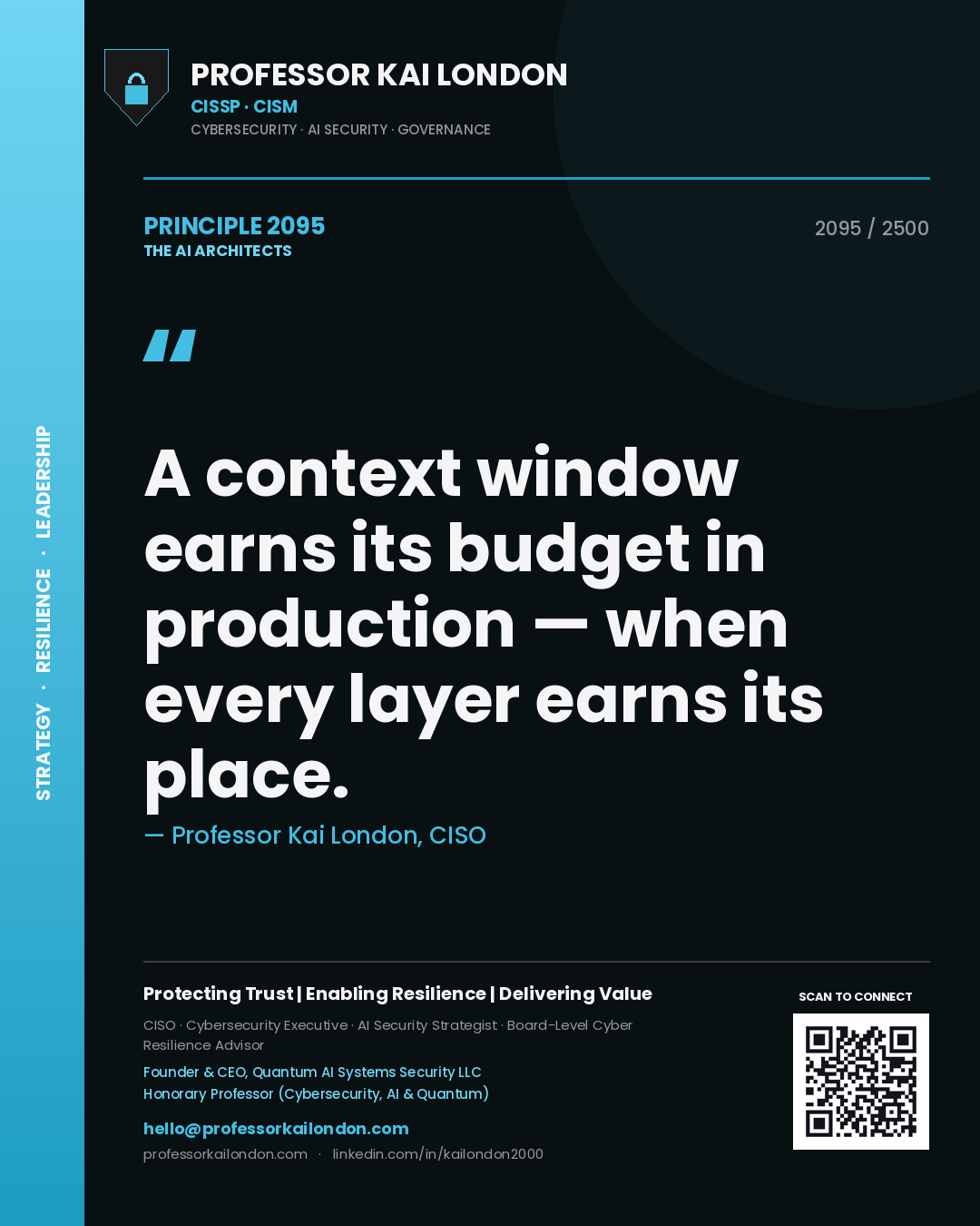 Quote card by Professor Kai London reading 'A context window earns its budget in production — when every layer earns its place.'. From the book The AI Architects.