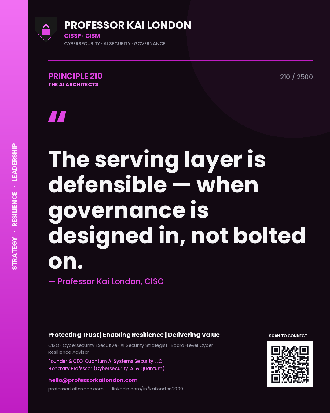 Quote card by Professor Kai London reading 'The serving layer is defensible — when governance is designed in, not bolted on.'. From the book The AI Architects.