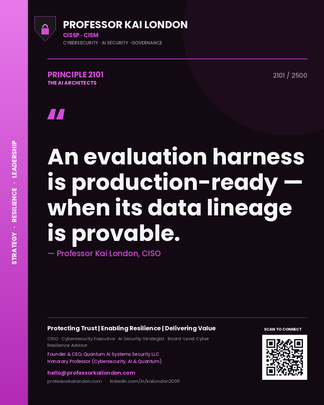 Quote card by Professor Kai London reading 'An evaluation harness is production-ready — when its data lineage is provable.'. From the book The AI Architects.
