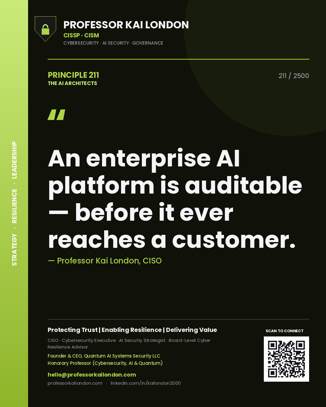 Professor Kai London principle 211: An enterprise AI platform is auditable — before it ever reaches a customer.
