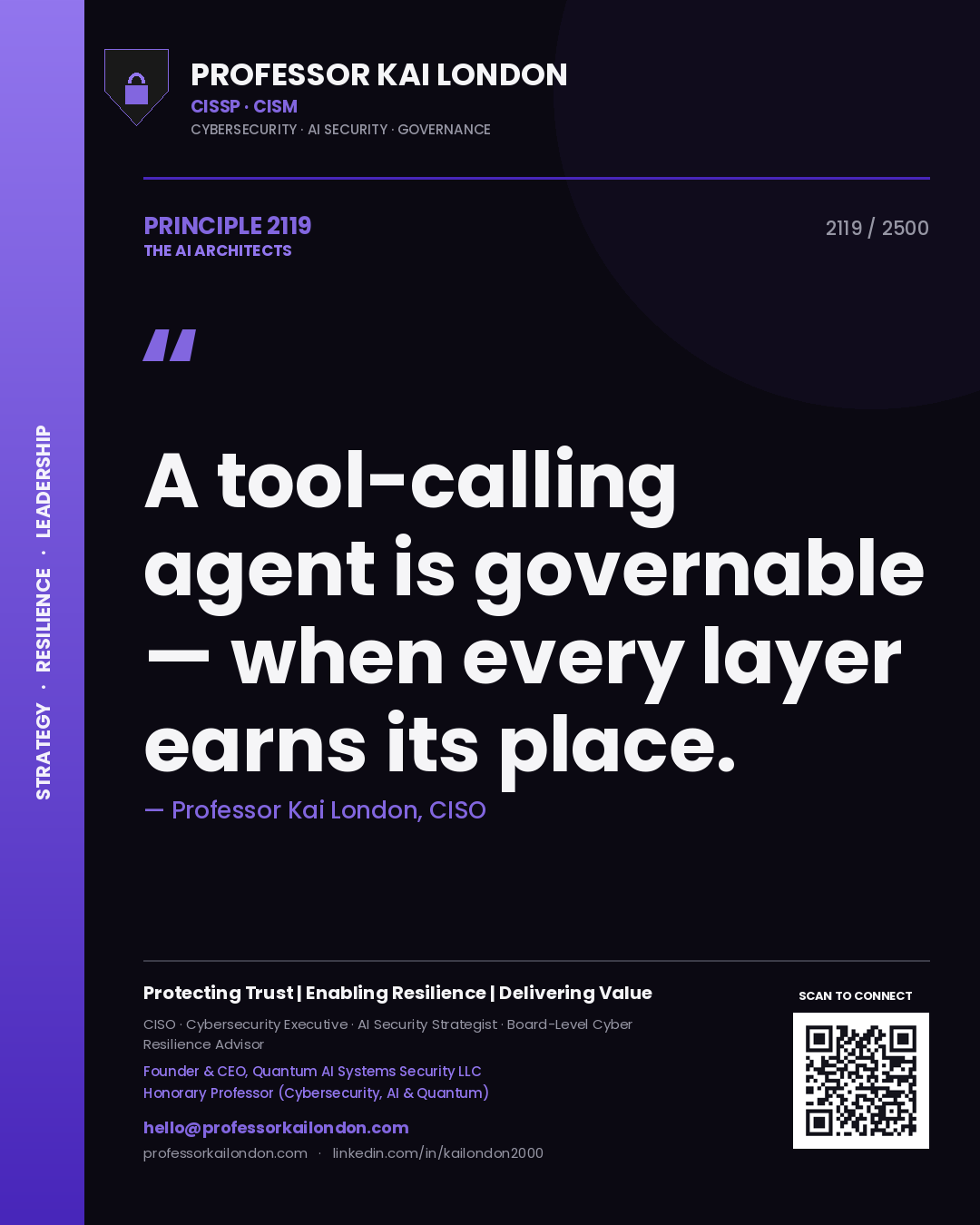 Quote card by Professor Kai London reading 'A tool-calling agent is governable — when every layer earns its place.'. From the book The AI Architects.