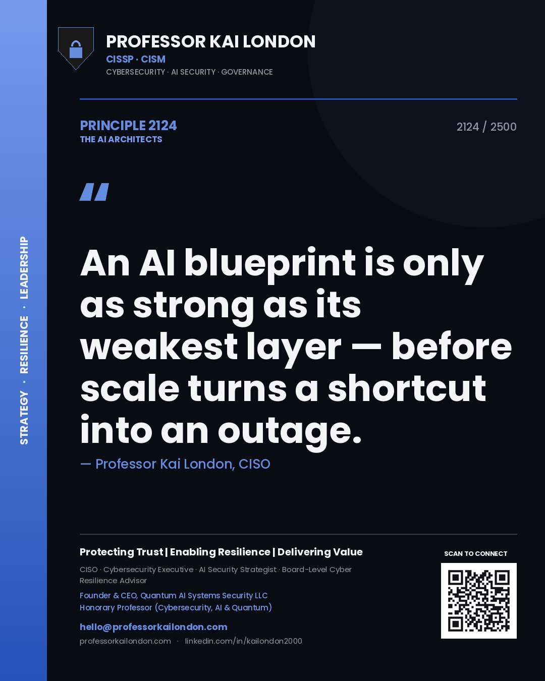 Quote card by Professor Kai London reading 'An AI blueprint is only as strong as its weakest layer — before scale turns a shortcut into an outage.'. From the book The AI Architects.