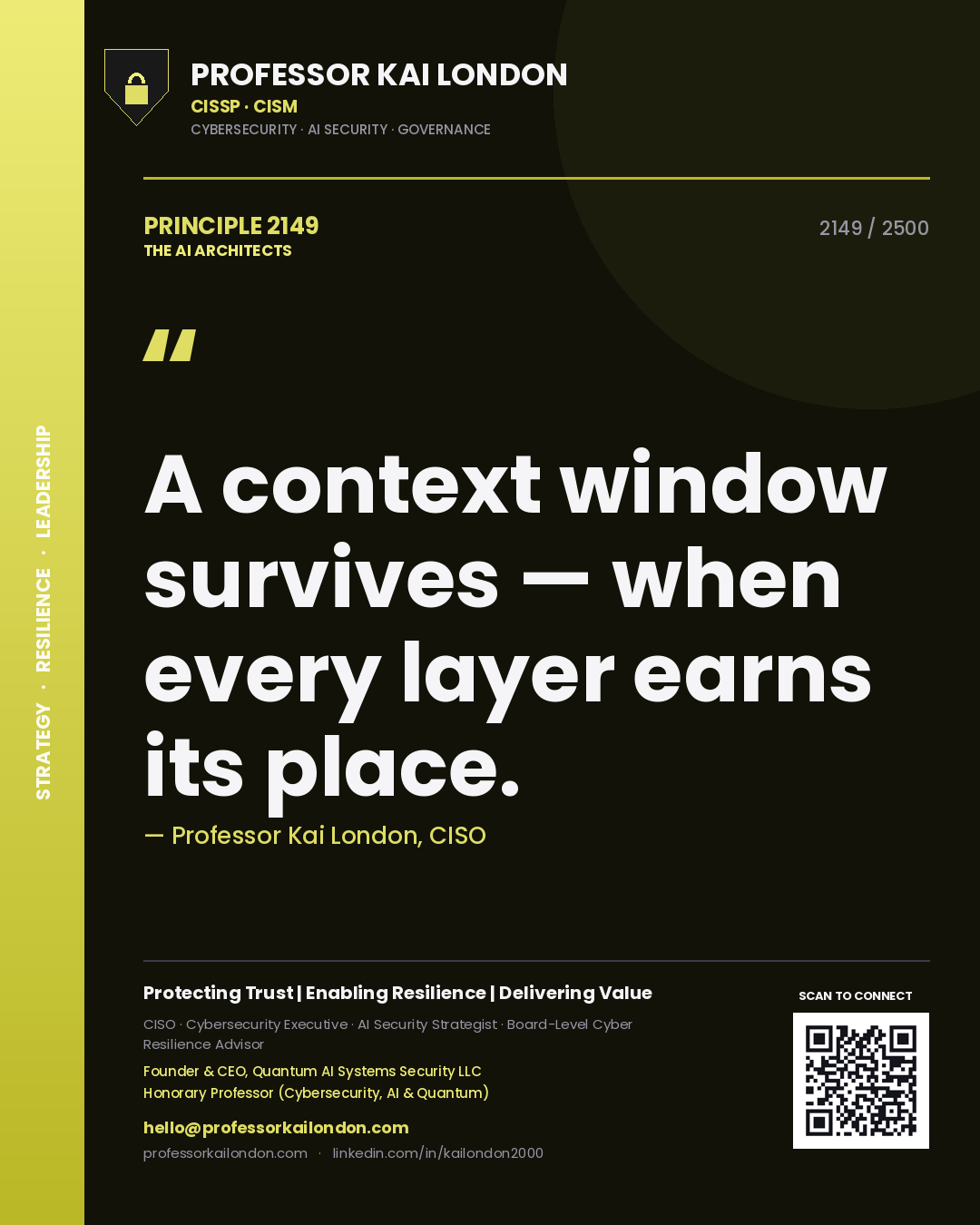 Professor Kai London principle 2149: A context window survives — when every layer earns its place.