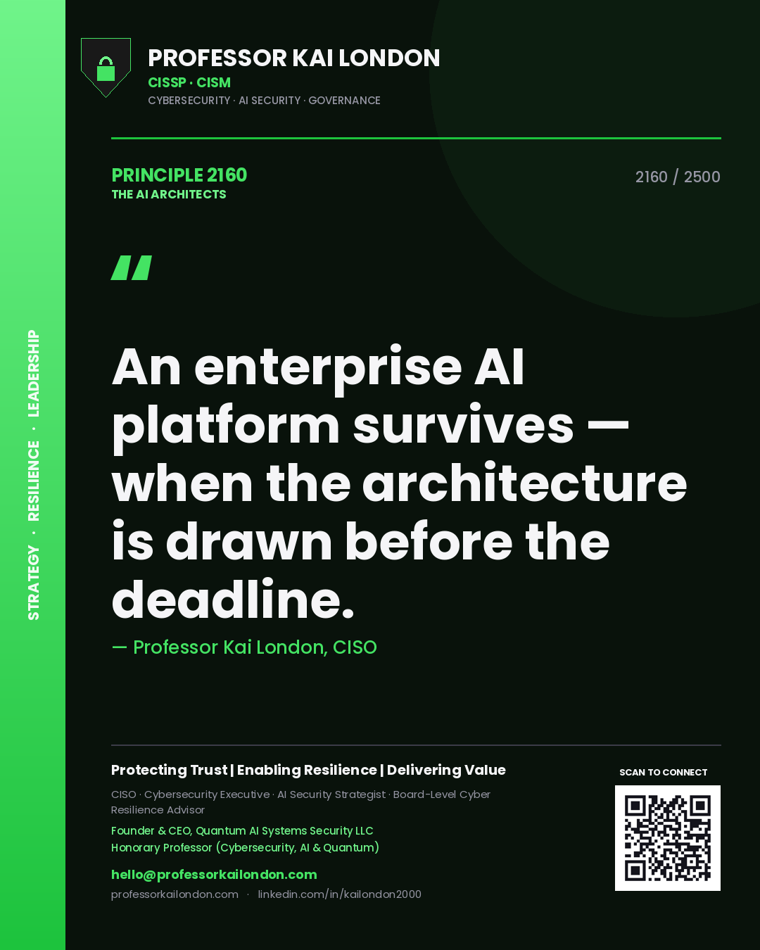 Professor Kai London principle 2160: An enterprise AI platform survives — when the architecture is drawn before the deadline.