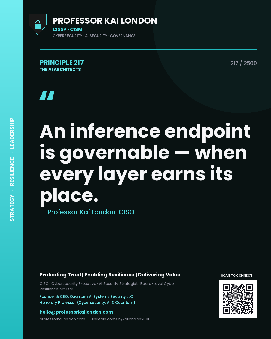 Quote card by Professor Kai London reading 'An inference endpoint is governable — when every layer earns its place.'. From the book The AI Architects.
