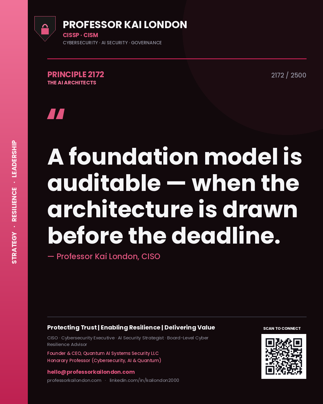 Quote card by Professor Kai London reading 'A foundation model is auditable — when the architecture is drawn before the deadline.'. From the book The AI Architects.