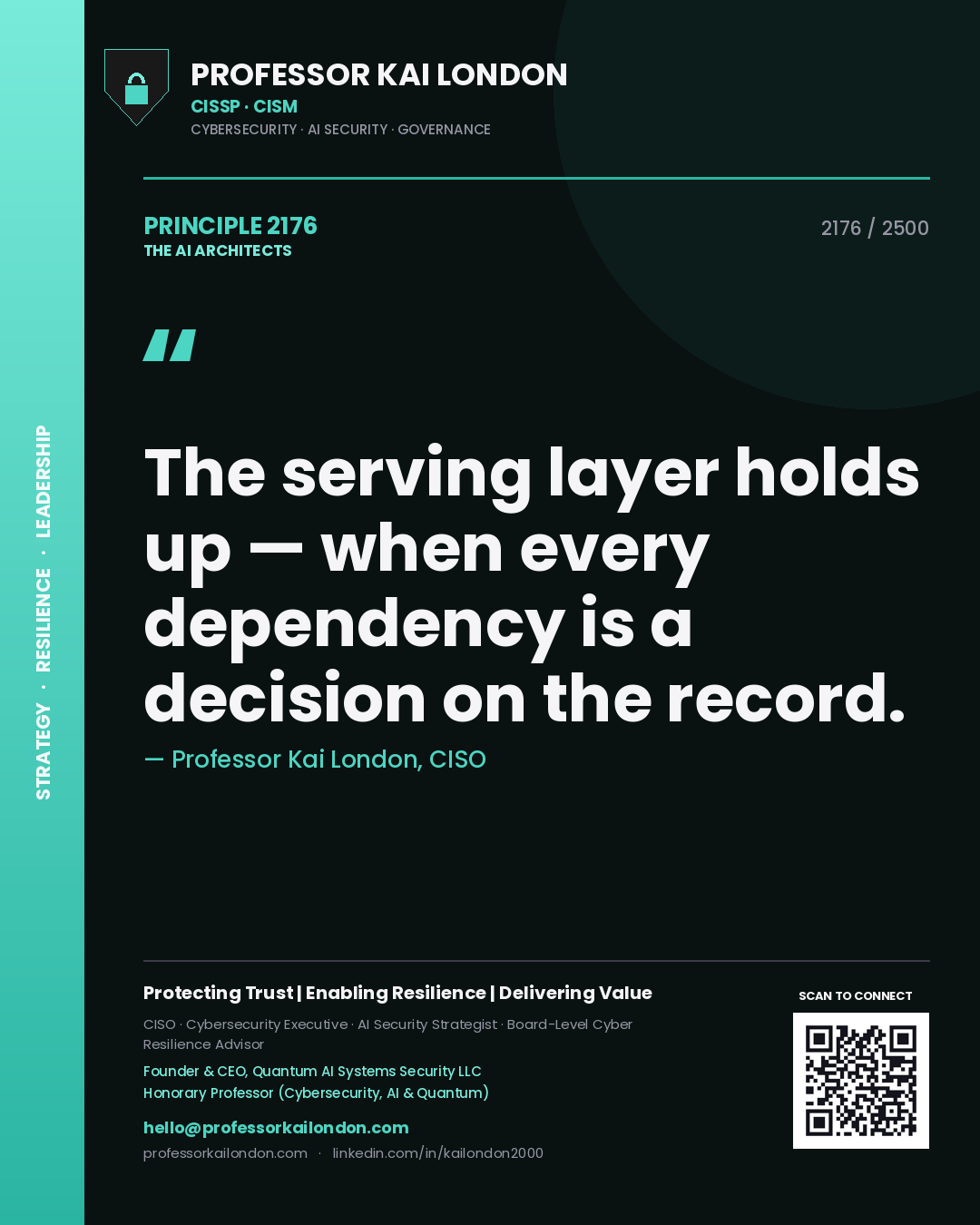 Quote card by Professor Kai London reading 'The serving layer holds up — when every dependency is a decision on the record.'. From the book The AI Architects.