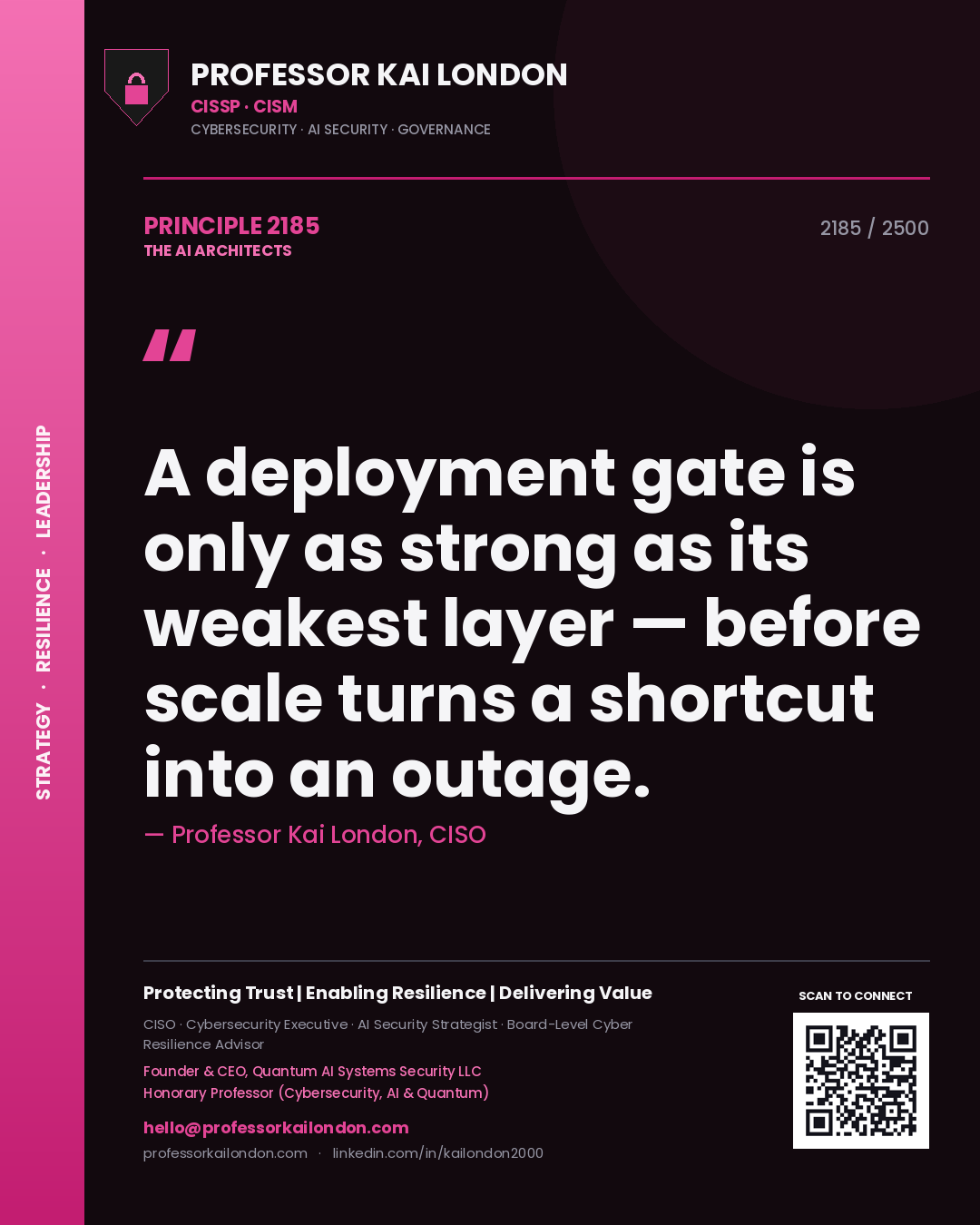 Professor Kai London principle 2185: A deployment gate is only as strong as its weakest layer — before scale turns a shortcut into an outage.