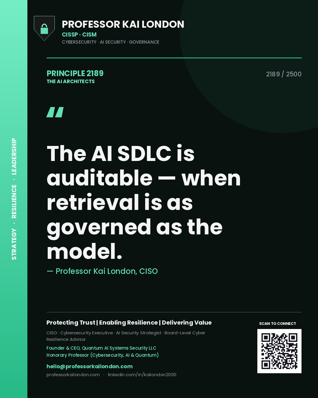 Quote card by Professor Kai London reading 'The AI SDLC is auditable — when retrieval is as governed as the model.'. From the book The AI Architects.