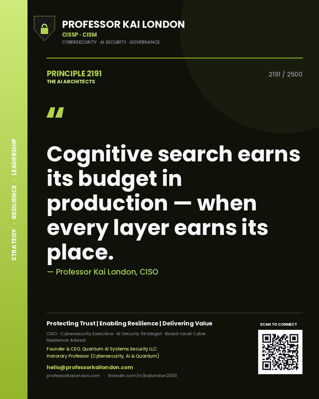 Professor Kai London principle 2191: Cognitive search earns its budget in production — when every layer earns its place.