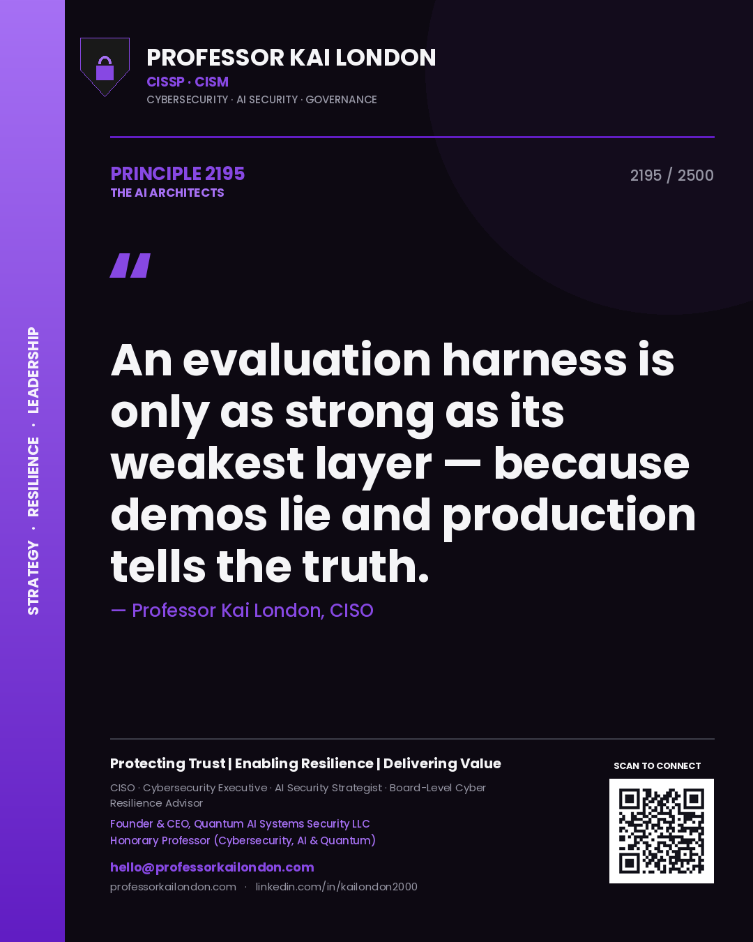 Professor Kai London principle 2195: An evaluation harness is only as strong as its weakest layer — because demos lie and production tells the truth.
