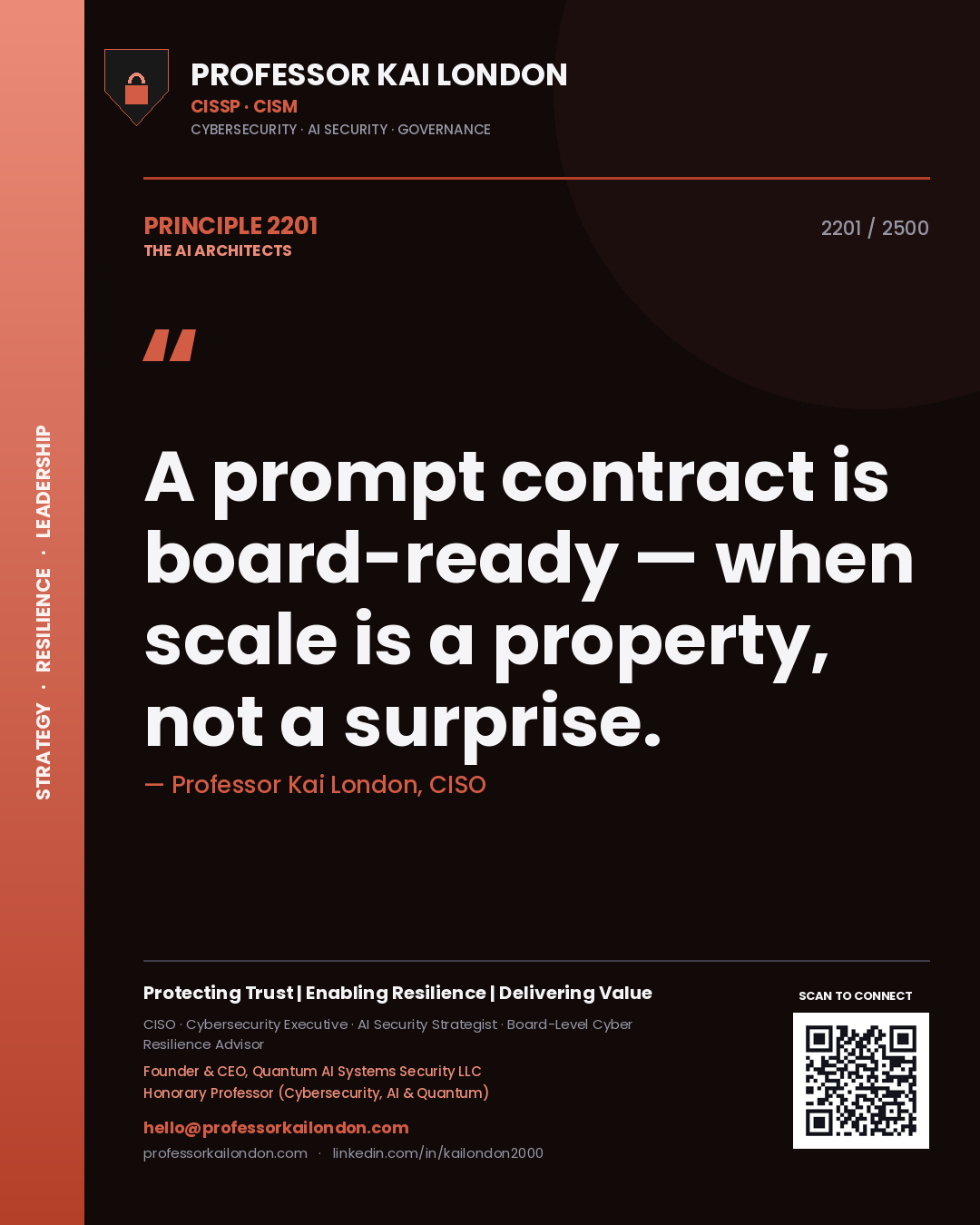Quote card by Professor Kai London reading 'A prompt contract is board-ready — when scale is a property, not a surprise.'. From the book The AI Architects.