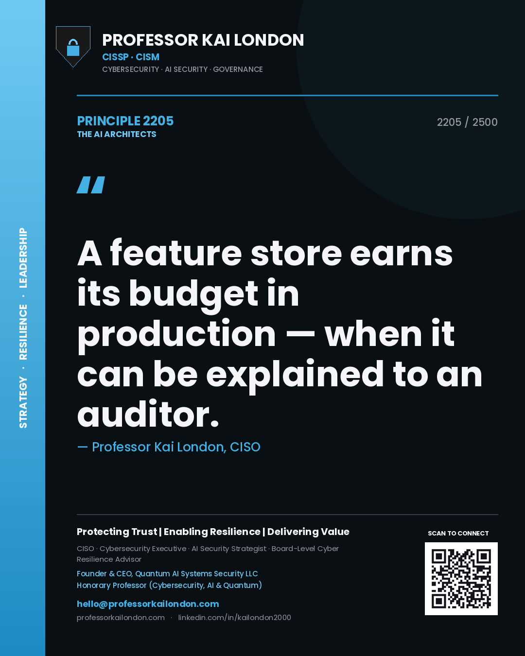 Quote card by Professor Kai London reading 'A feature store earns its budget in production — when it can be explained to an auditor.'. From the book The AI Architects.