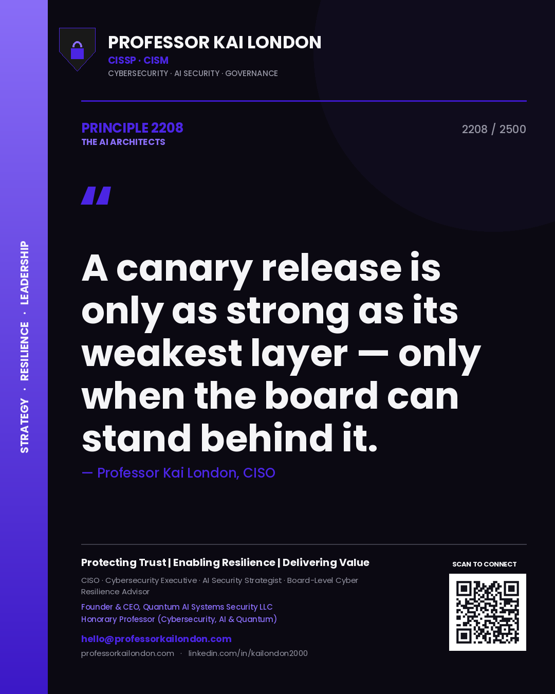 Quote card by Professor Kai London reading 'A canary release is only as strong as its weakest layer — only when the board can stand behind it.'. From the book The AI Architects.