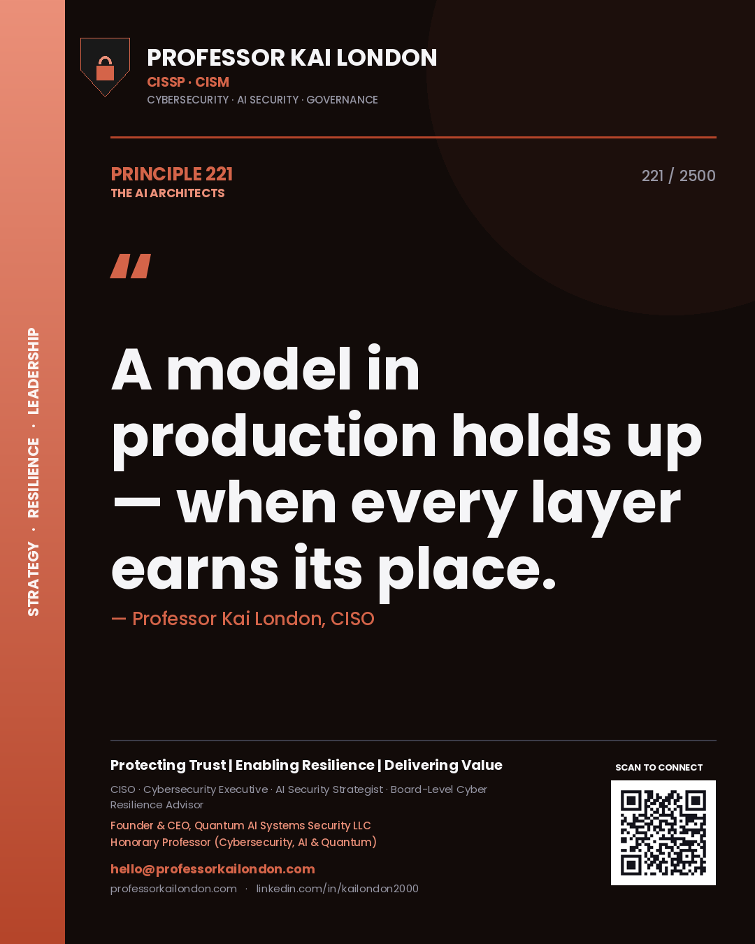Professor Kai London principle 221: A model in production holds up — when every layer earns its place.