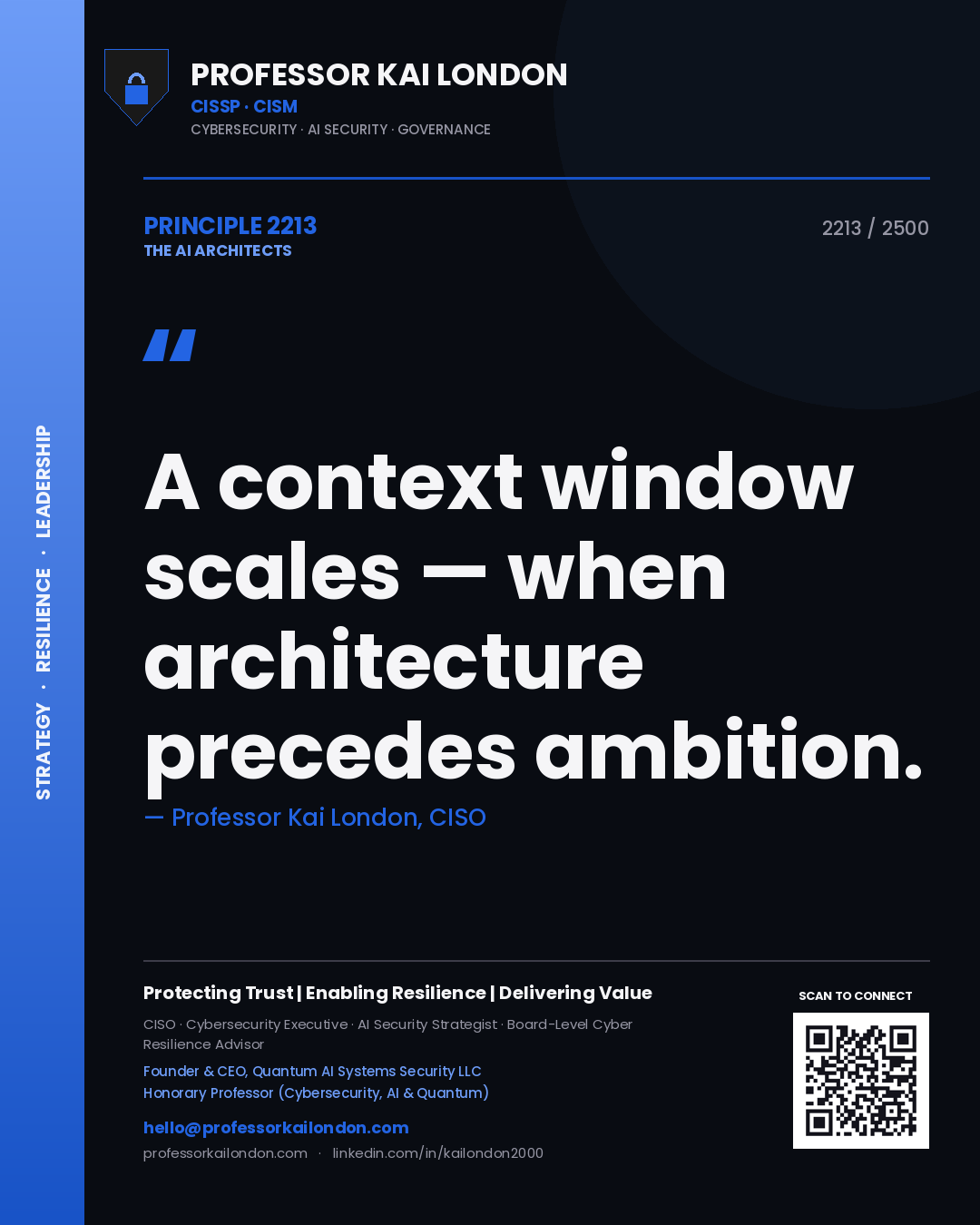 Quote card by Professor Kai London reading 'A context window scales — when architecture precedes ambition.'. From the book The AI Architects.