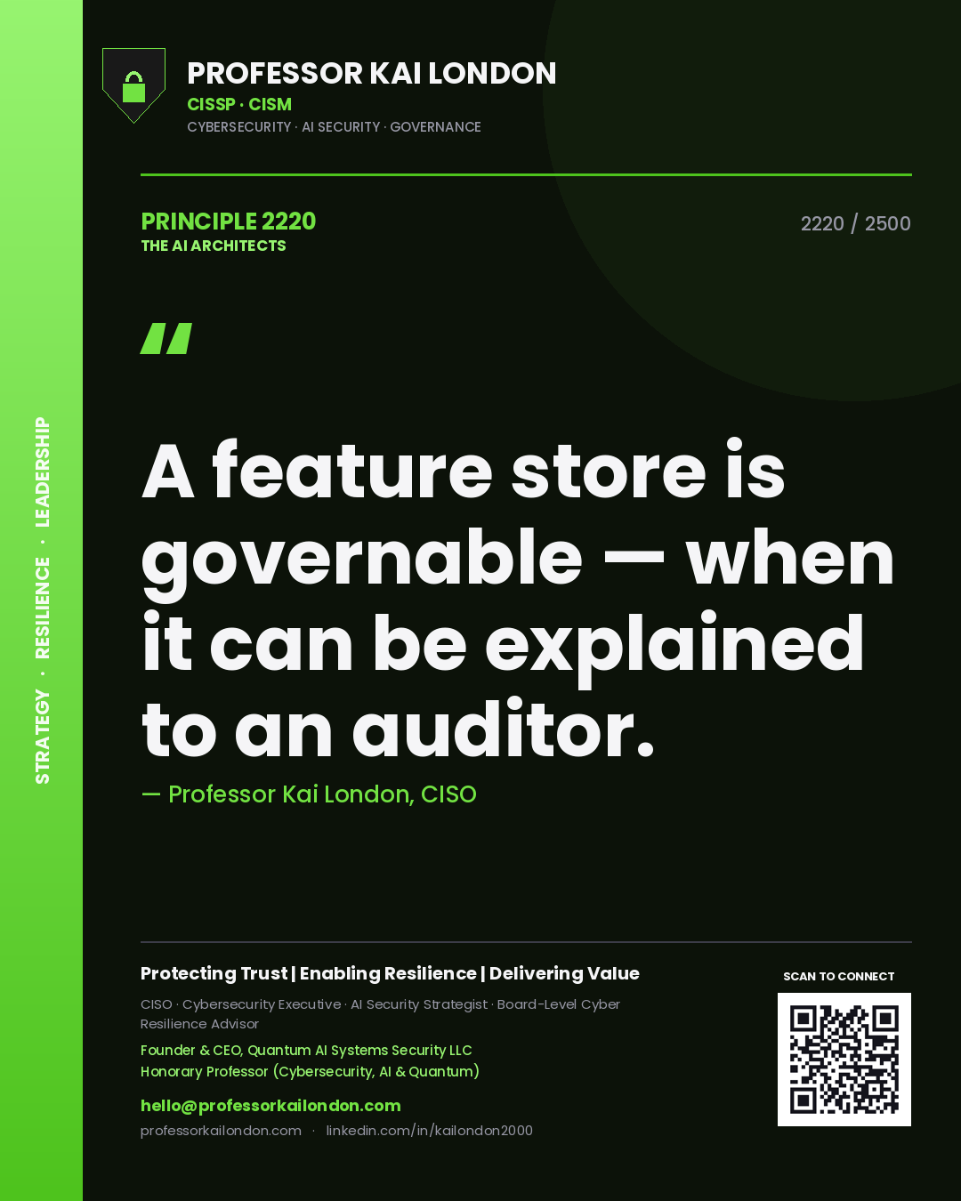 Quote card by Professor Kai London reading 'A feature store is governable — when it can be explained to an auditor.'. From the book The AI Architects.