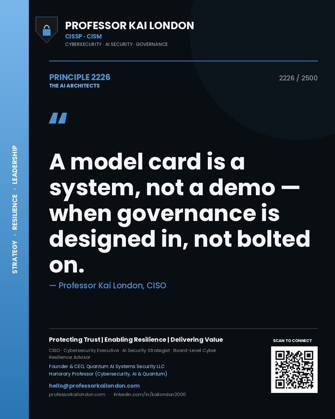 Quote card by Professor Kai London reading 'A model card is a system, not a demo — when governance is designed in, not bolted on.'. From the book The AI Architects.