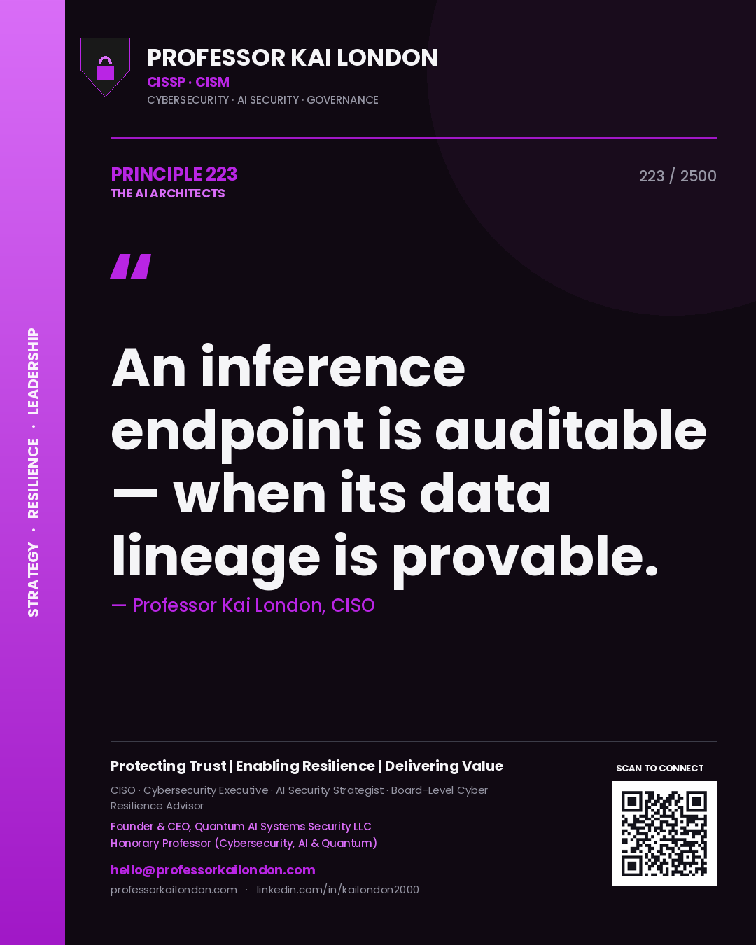 Quote card by Professor Kai London reading 'An inference endpoint is auditable — when its data lineage is provable.'. From the book The AI Architects.