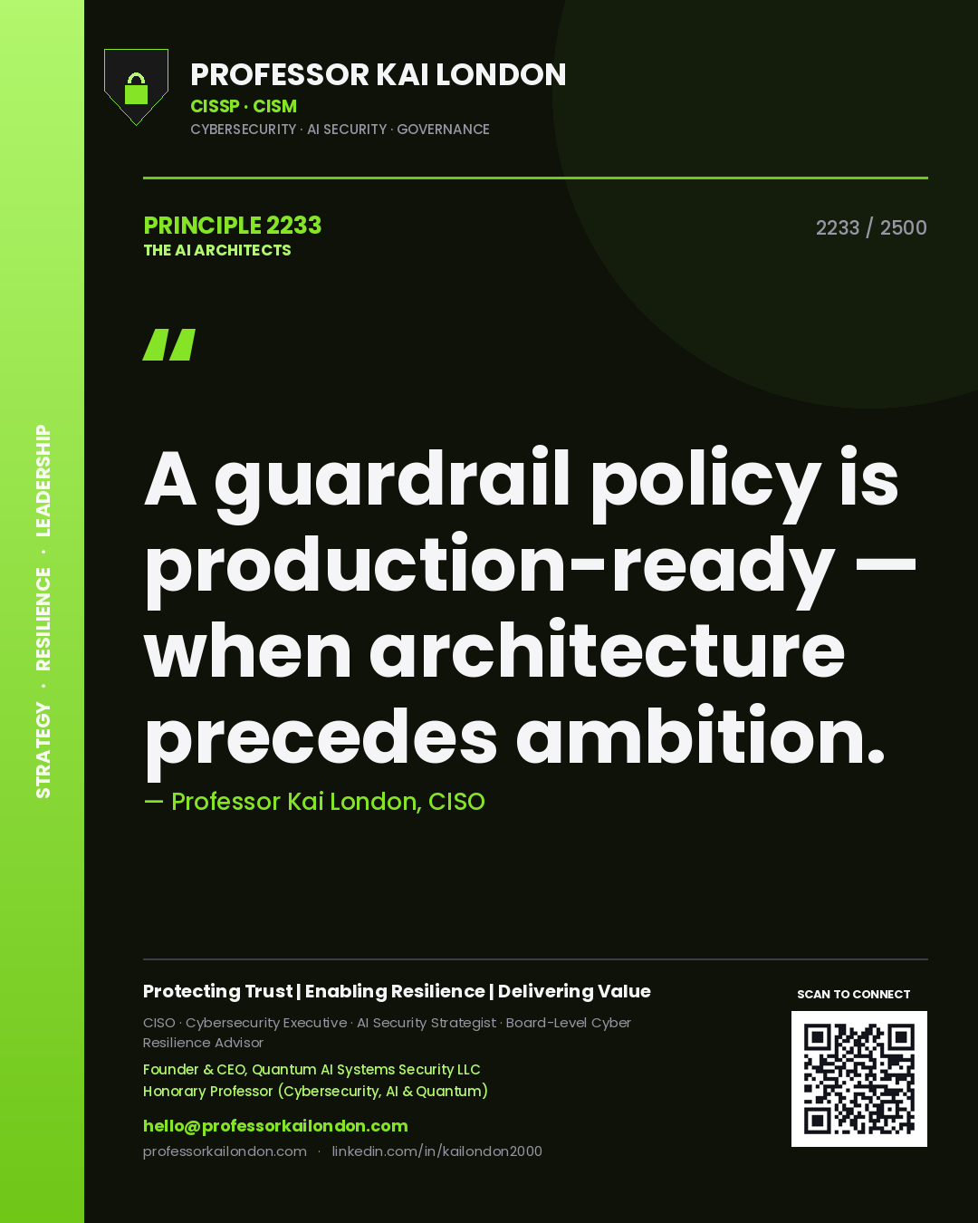 Quote card by Professor Kai London reading 'A guardrail policy is production-ready — when architecture precedes ambition.'. From the book The AI Architects.