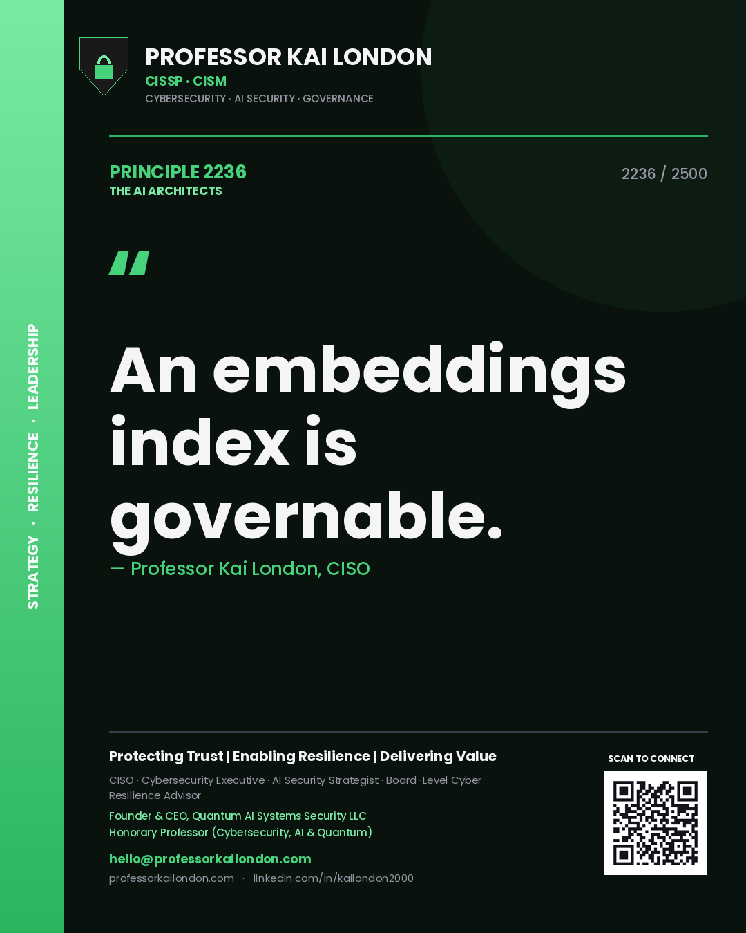 Quote card by Professor Kai London reading 'An embeddings index is governable.'. From the book The AI Architects.