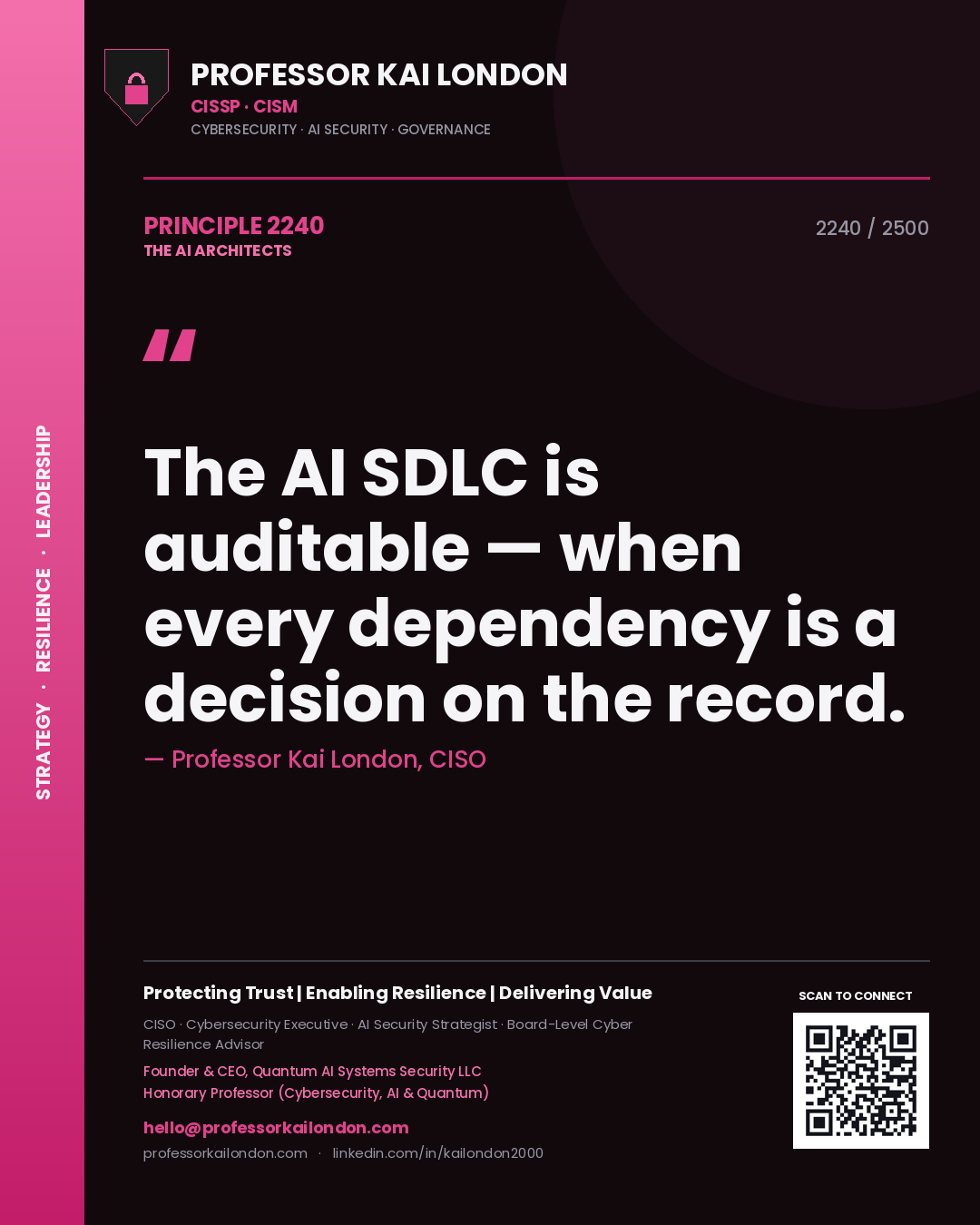 Quote card by Professor Kai London reading 'The AI SDLC is auditable — when every dependency is a decision on the record.'. From the book The AI Architects.