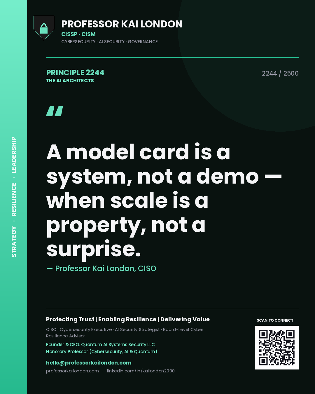 Quote card by Professor Kai London reading 'A model card is a system, not a demo — when scale is a property, not a surprise.'. From the book The AI Architects.