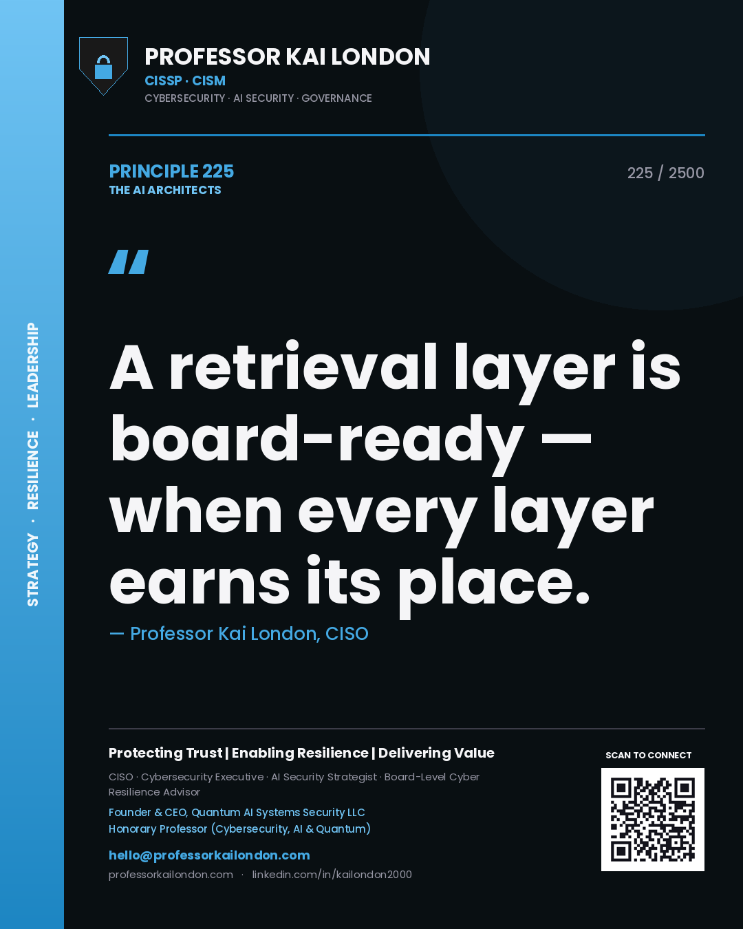 Quote card by Professor Kai London reading 'A retrieval layer is board-ready — when every layer earns its place.'. From the book The AI Architects.