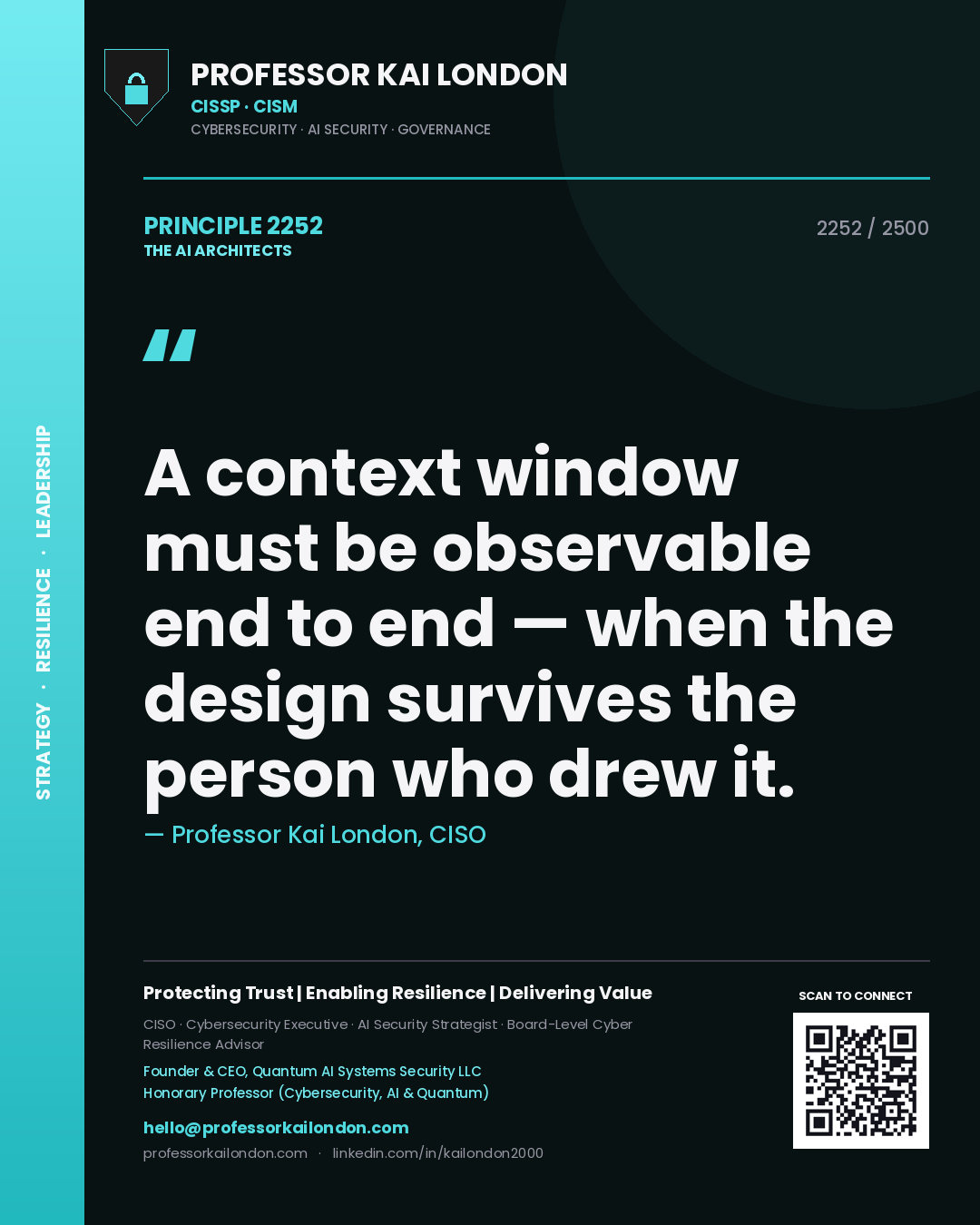 Quote card by Professor Kai London reading 'A context window must be observable end to end — when the design survives the person who drew it.'. From the book The AI Architects.