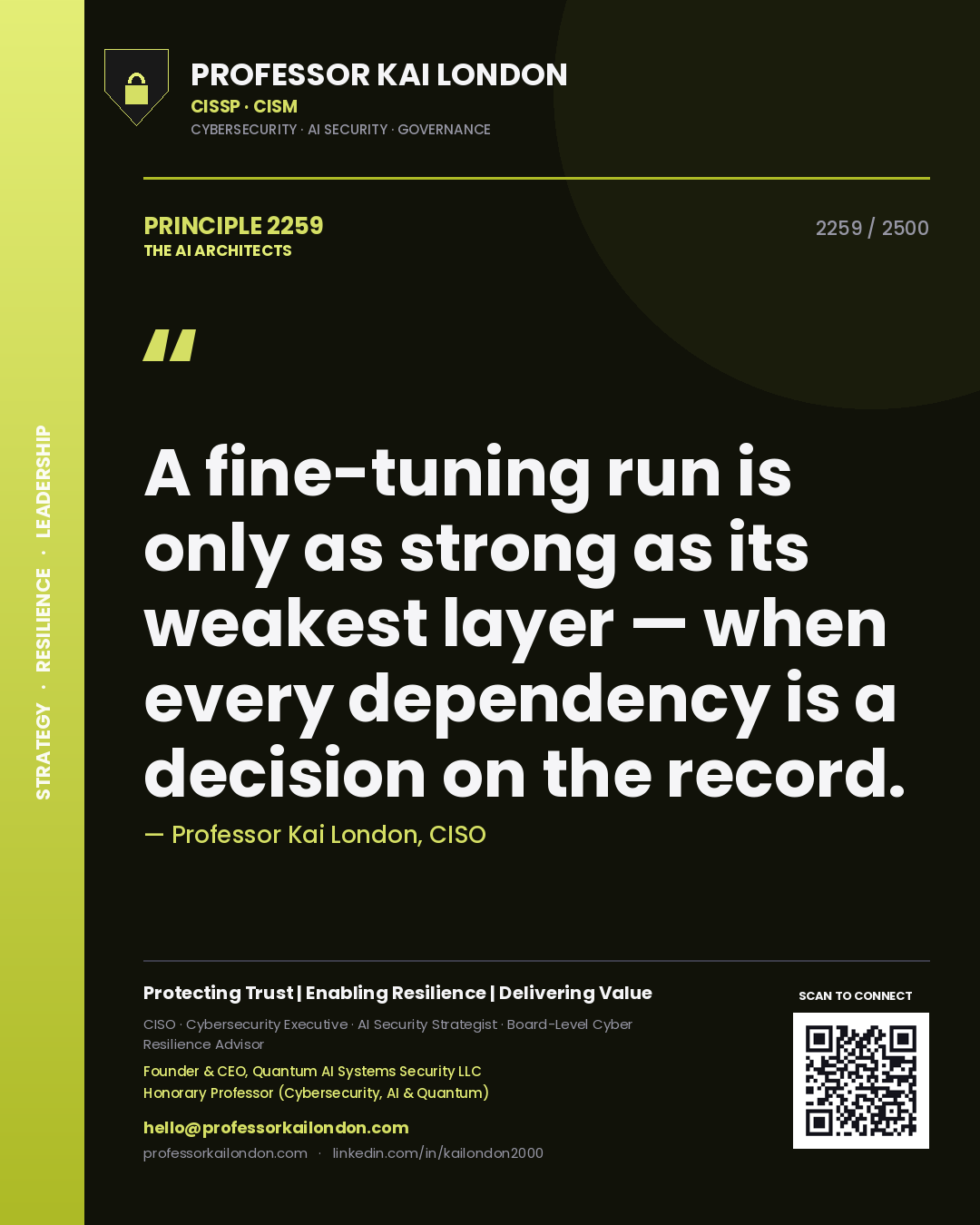 Quote card by Professor Kai London reading 'A fine-tuning run is only as strong as its weakest layer — when every dependency is a decision on the record.'. From the book The AI Architects.