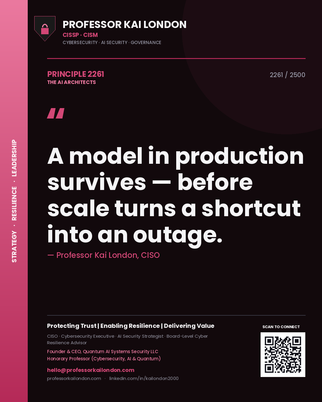 Quote card by Professor Kai London reading 'A model in production survives — before scale turns a shortcut into an outage.'. From the book The AI Architects.