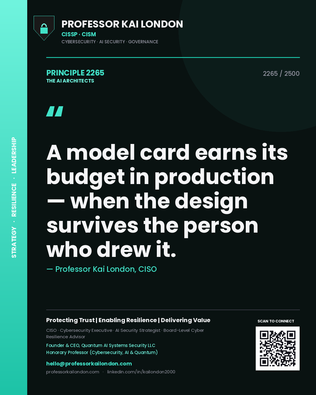 Quote card by Professor Kai London reading 'A model card earns its budget in production — when the design survives the person who drew it.'. From the book The AI Architects.