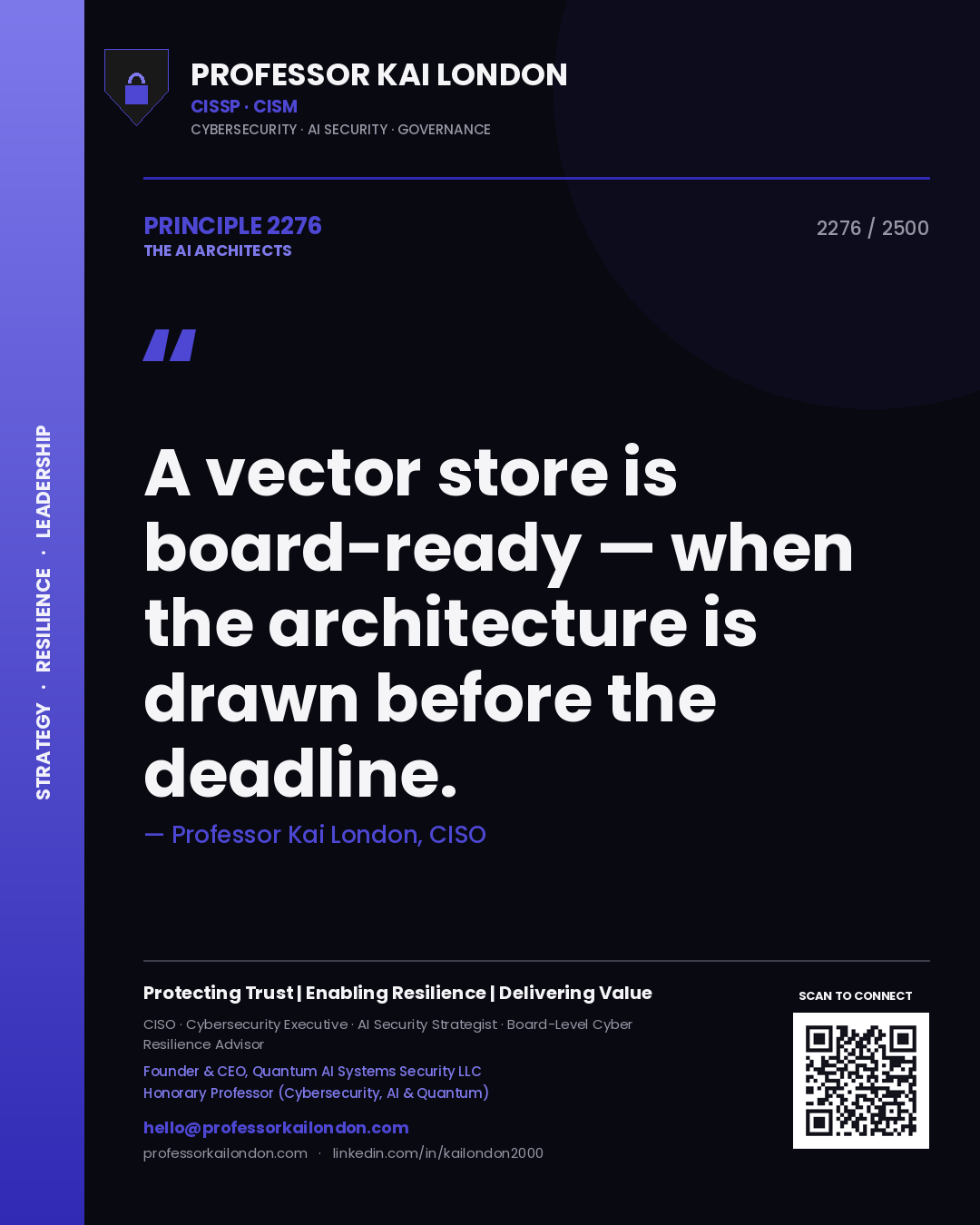 Quote card by Professor Kai London reading 'A vector store is board-ready — when the architecture is drawn before the deadline.'. From the book The AI Architects.