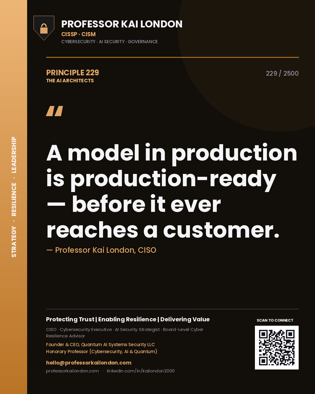 Quote card by Professor Kai London reading 'A model in production is production-ready — before it ever reaches a customer.'. From the book The AI Architects.
